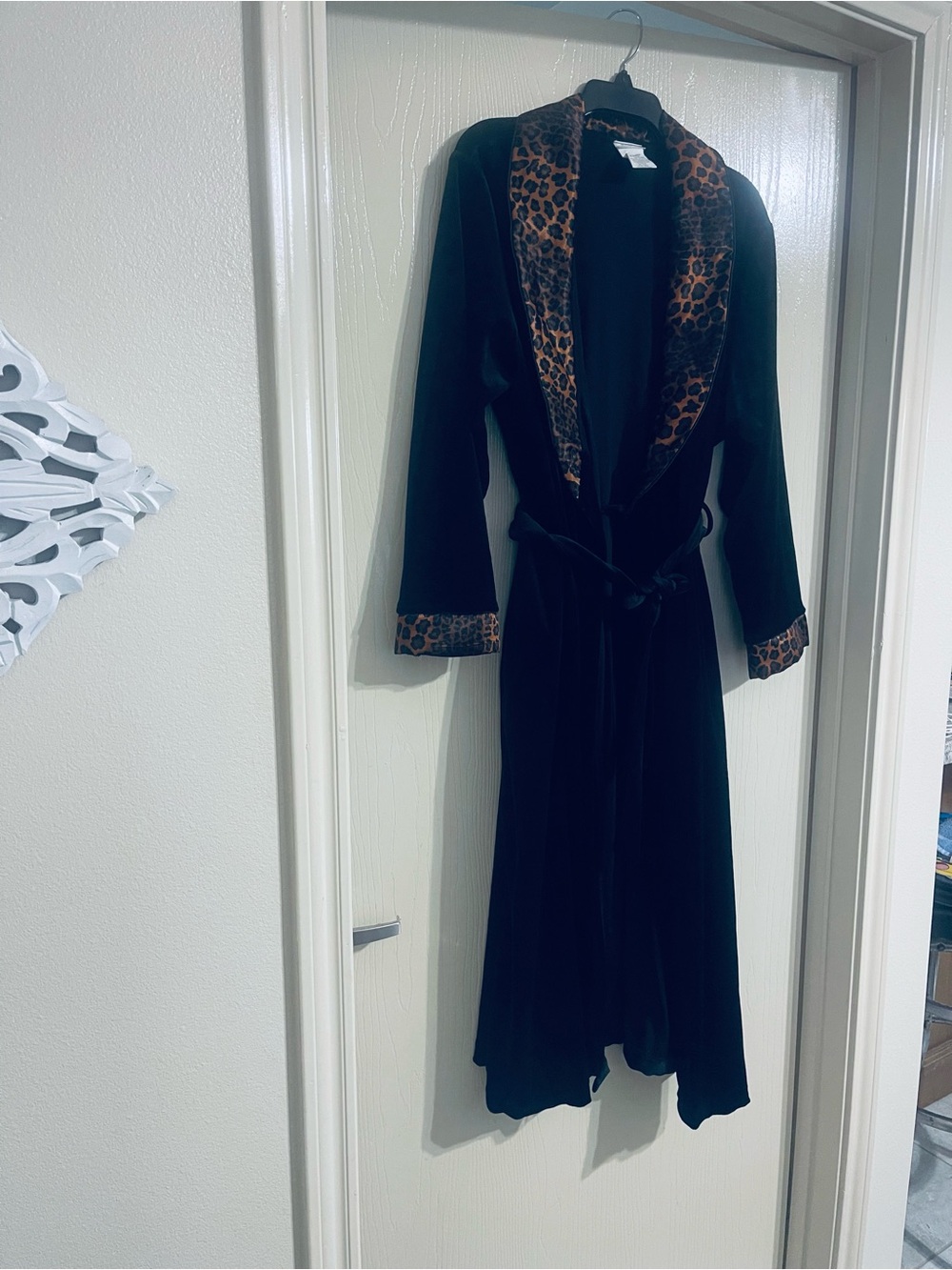 Secret Treasures Black Velvet Robe with Leopard Trim